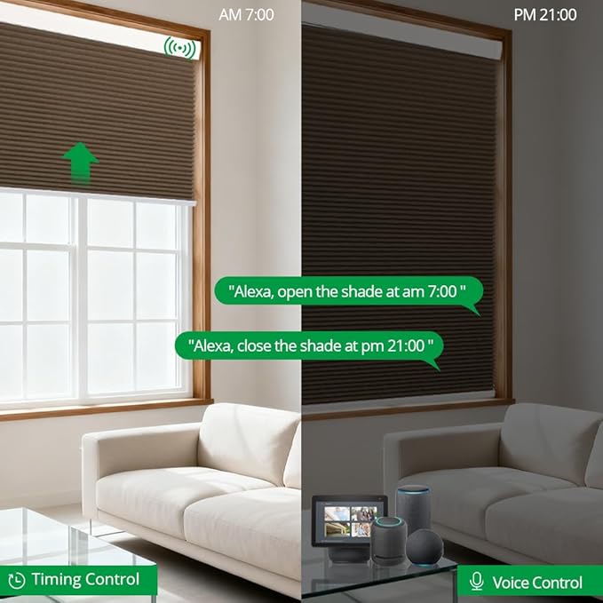 Motorized Cellular Shades with Remote Blackout Honeycomb Smart Blinds Options for Indoor Windows, Remote/Alexa/Matter Compatible, Easy DIY Installation (Brown)