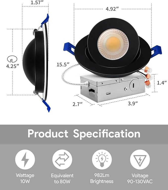 Adetu 4 inch 5CCT Gimbal Black Led Recessed Lights, 360°+90° Adjustable Directional Recessed Lighting, 2700K-5000K Dimmable Retrofit Eyeball Can Lights with Jbox, ETL&Energy Star (Black, 12 Pack)