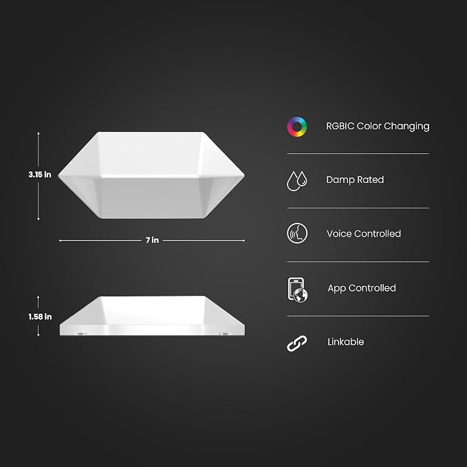Feit Electric Smart LED Hexagon Tile Lights, 7" Ea, Linkable, RGBW Color Chasing, 2.4GHZ WiFi Enabled, Compatible with Alexa and Google Home Asst, Music Sync, Remote App, 6 Pack - HEX/CHASE/AG/6KIT