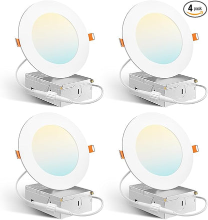 Amico 4 Pack 4 Inch 5CCT Ultra-Thin LED Recessed Dimmable Ceiling Light with Junction Box, 2700K/3000K/3500K/4000K/5000K Selectable, 10W Eqv 60W, 800Lumens, High Brightness Downlight - ETL&FCC