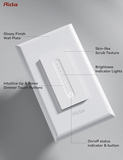AIDA Smart Dimmer Light Switch, Single Pole Dimmer Switch Works with Alexa and Google Assistant, 2.4GHz WiFi Switch for LED, CFL, Incandescent Bulbs, Need Neutral Wire, No Hub Required, White, 3 Pack