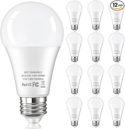 12-Pack A19 LED Light Bulbs 100 Watt Equivalent, 13W 1500 Lumens Super Bright 5000K Daylight White LED Bulbs, Standard E26 Medium Screw Base Light Bulb, No Flicker, CRI90+, Non-Dimmable