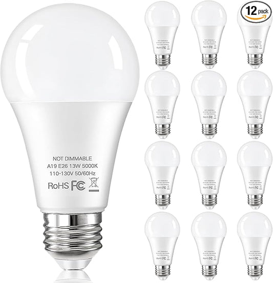 12-Pack A19 LED Light Bulbs 100 Watt Equivalent, 13W 1500 Lumens Super Bright 5000K Daylight White LED Bulbs, Standard E26 Medium Screw Base Light Bulb, No Flicker, CRI90+, Non-Dimmable
