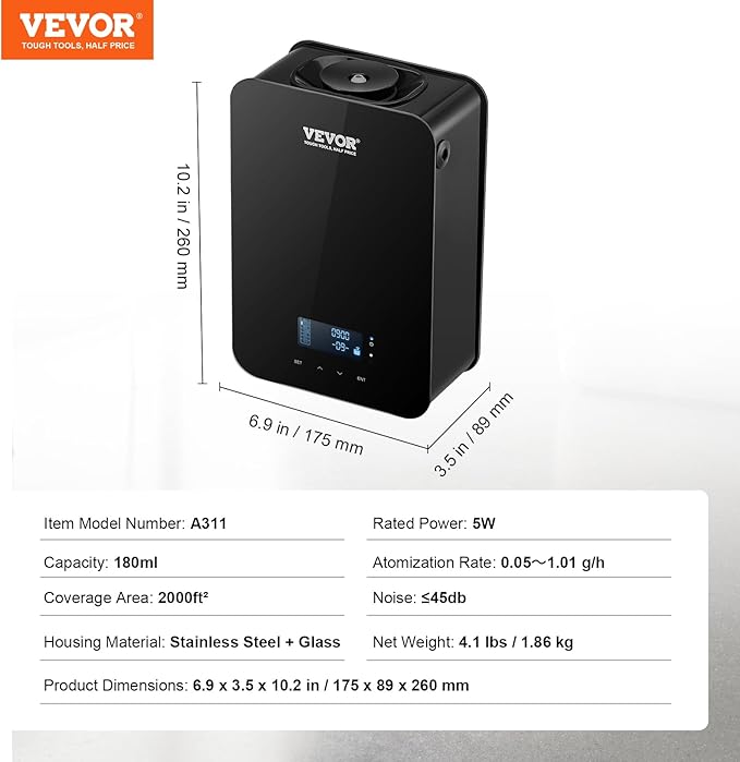 VEVOR Upgrade HVAC Scent Diffuser, Smart Scent Air Machine for Home, 180ML with Cold Air Technology, Waterless Essential Oil Diffuser, Cover Up to 2000 Sq.Ft for Living Room, Office, Spa, Hotel