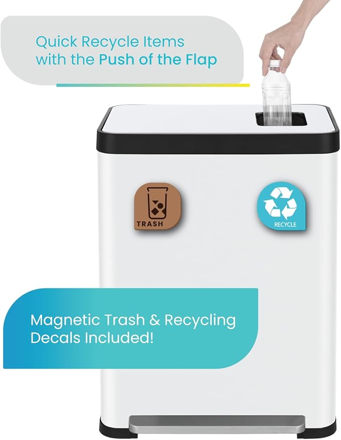 Home Zone Living 19 Gallon Kitchen Trash Can with Dual Compartments for Recycling, CleanAura Odor Control, Stainless Steel, Matte White, 70 Liters Total
