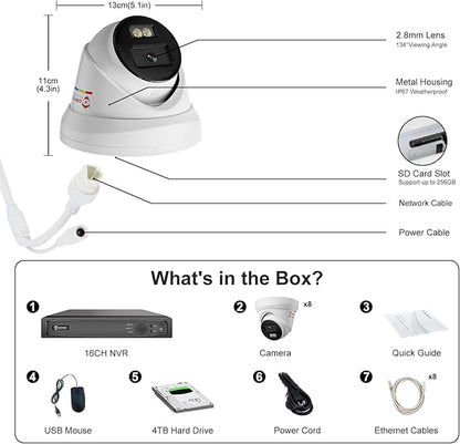 Anpviz 16CH PoE Security Camera System, 8pcs 5MP PoE IP Wired Cameras Outdoor, AI Human/Vehicle Detection, Color Night Vision, 12MP 4K 16CH Commercial H.265+ NVR with 4TB HDD for Businesses (H Series)