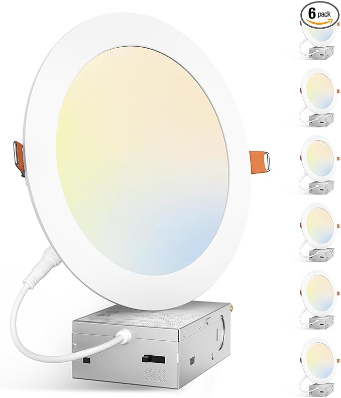Amico 6 Pack 7 Inch 5CCT Ultra-Thin LED Canless Recessed Ceiling Light with Junction Box, 2700K/3000K/3500K/4000K/5000K Selectable, 15W=100W, 1300LM High Brightness, Dimmable Wafer Downlight-ETL&FCC