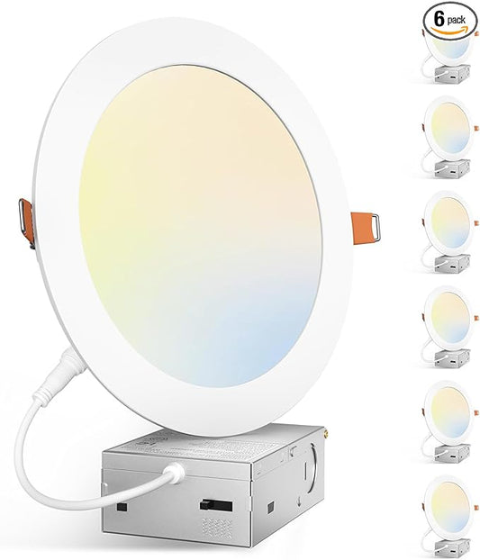 Amico 6 Pack 7 Inch 5CCT Ultra-Thin LED Canless Recessed Ceiling Light with Junction Box, 2700K/3000K/3500K/4000K/5000K Selectable, 15W=100W, 1300LM High Brightness, Dimmable Wafer Downlight-ETL&FCC