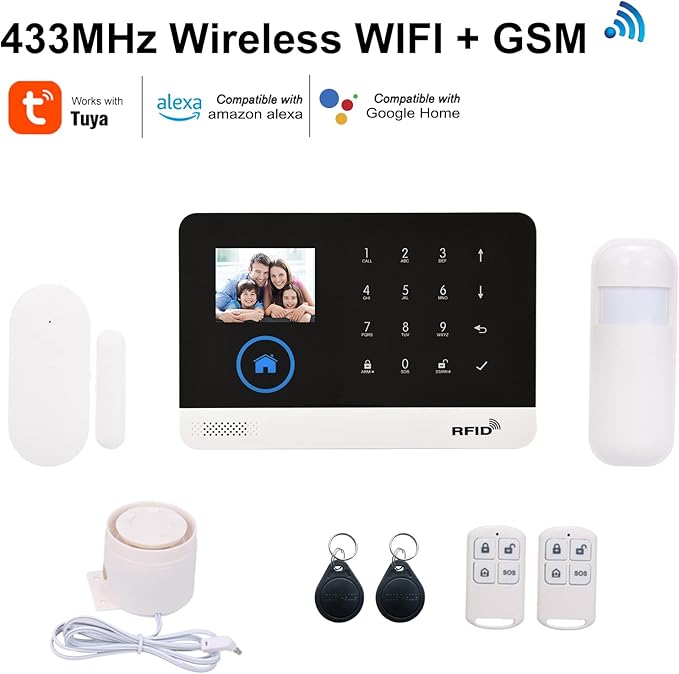 Matybobe WiFi GSM Home Alarm Security System, 2.4in LCD Wireless DIY Smart Home Burglar Security Alarm System 16 Piece Kit, Compatible with Alexa Home Voice Control for Home Security