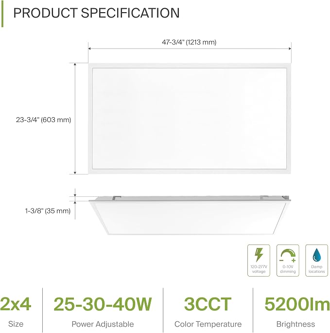 ASD 4 Pack 2x4 LED Flat Panel Light - 25/30/40W UL DLC | 5200LM 3500K 4000K 5000K Selectable Dimmable 2x4 LED Drop Ceiling Light Fixture | 2x4 Drop Ceiling Lights, Commercial Lights for Ceiling