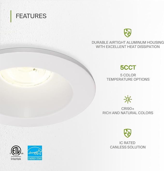 ASD 2 Inch LED Recessed Lighting with Junction Box, 15W 120-277V, Dimmable Anti-Glare Downlight, 2700K/3000K/3500K/4000K/5000K Selectable, CRI 90+, Round White Trim, IC Rated, ETL, Energy Star