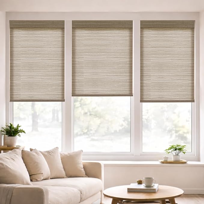 ZSHINE Motorized Linen-Look Roller Shades for Windows, Rechargeable Smart Light Filtering Blinds Compatible with Alexa (82190E)