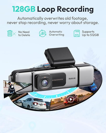 BOTSLAB 3K 4 Channel Dash Cam, 560° All-Sides View, Front and Rear Inside Car Camera with 3.18”Touch Screen, Dash Camera 24/7 Parking Mode, Built-in GPS 5.8GHz WiFi Voice Control, Free 128GB Card