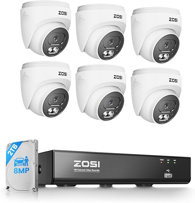 ZOSI C220 4K 8MP 8CH POE NVR Security Camera System (16CH Expandable), 6 x 8MP PoE IP Dome Cameras Outdoor Indoor, AI Human/Vehicle/Face Detection, One-Way Audio, 100ft IR Night Vision, 2TB HDD