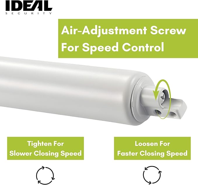 Ideal Security Model 9 Standard Duty Pneumatic Storm and Screen Door Closer, 10.5" L x 1.25" W x 1.25" H, Adjustable Speed, Smooth Closing for Lightweight to Medium Doors, Easy Install, White