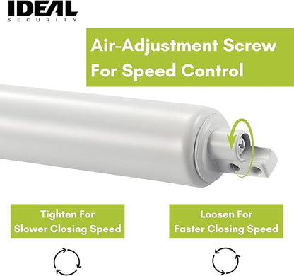 Ideal Security Model 9 Standard Duty Pneumatic Storm and Screen Door Closer, 10.5" L x 1.25" W x 1.25" H, Adjustable Speed, Smooth Closing for Lightweight to Medium Doors, Easy Install, White