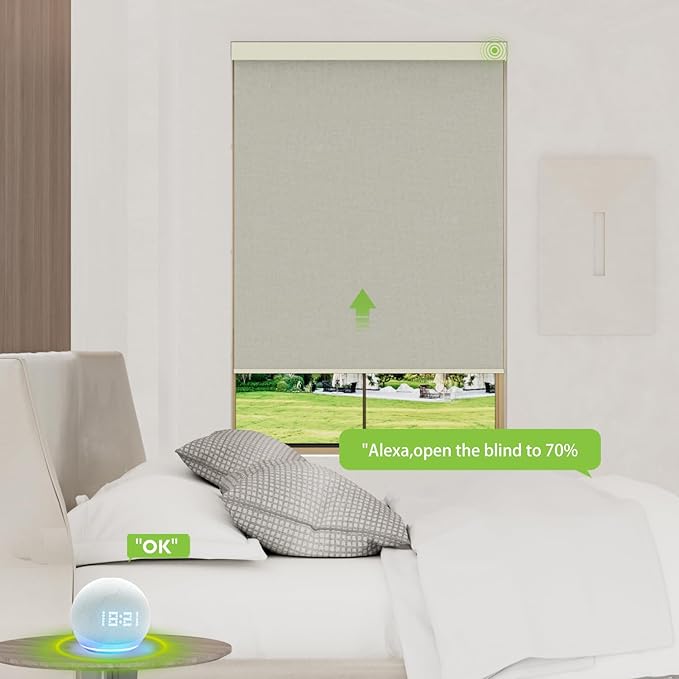 Motorized Blinds with Remote，100% Blackout Smart Blinds Motorized Roller Shades Compatible with Alexa Automatic Blinds for Windows Electric Window Blinds Customized Size Frost White Mist