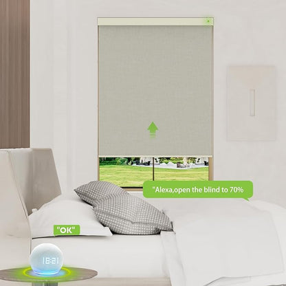 Motorized Blinds with Remote，100% Blackout Smart Blinds Motorized Roller Shades Compatible with Alexa Automatic Blinds for Windows Electric Window Blinds Customized Size Frost White Mist