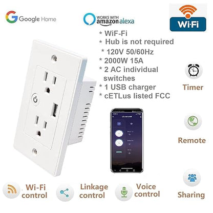 Jinvoo Smart WiFi Outlet Socket with USB 2 AC Individual Control by Smart Life app Compatible with Amazon Alxa Echo Google Assistant Remote Control Timer Schedule White 2 Pack