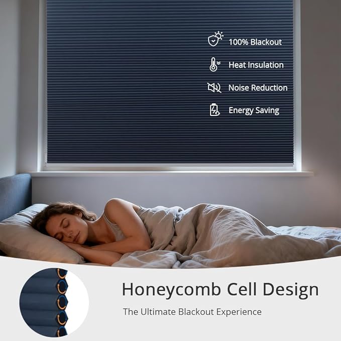 Motorized Cellular Shades with Remote Blackout Honeycomb Smart Blinds Options for Indoor Windows, Remote/Alexa/Matter Compatible, Easy DIY Installation (Blue)