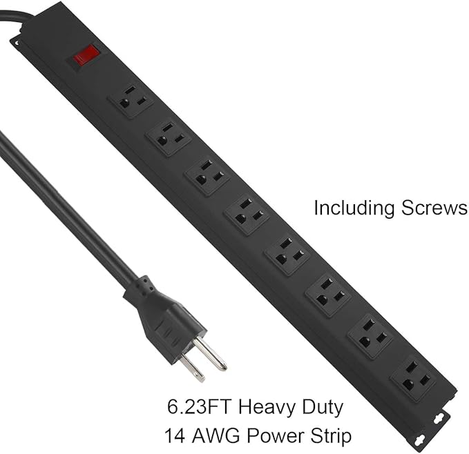 4Pack Metal 8 Outlet Mountable Power Strip, Wall Mount Outlet Heavy Duty, Wide Spaced Commercial Shop Power Strip with Switch, 15 FT Power Cord.