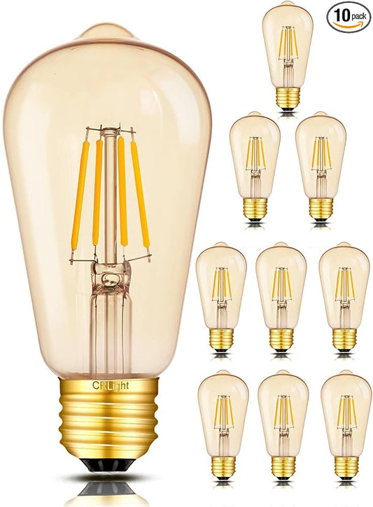 Amber Glass ST58 = ST19 Vintage LED Edison Bulb - Dimmable 6W 650LM 2700K Warm White, 90+ CRI, E26 Antique Style Decorative Filament Light, 60W Incandescent Replacement, 10-Pack