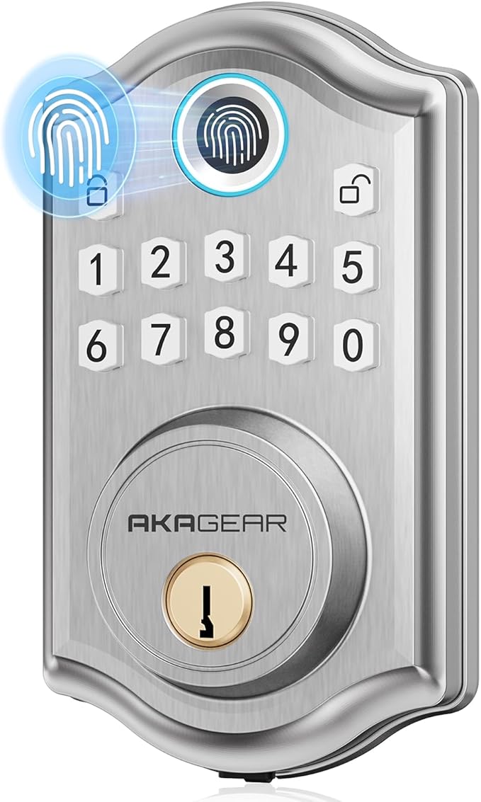 AkaGear Keyless Entry Door Lock with Fingerprint - Door Locks with 2 Keys, Electronic Keypad Deadbolt, Smart Door Locks, Smart Locks for Front Door, Auto-Lock & One Touch Locking - Satin Nickel