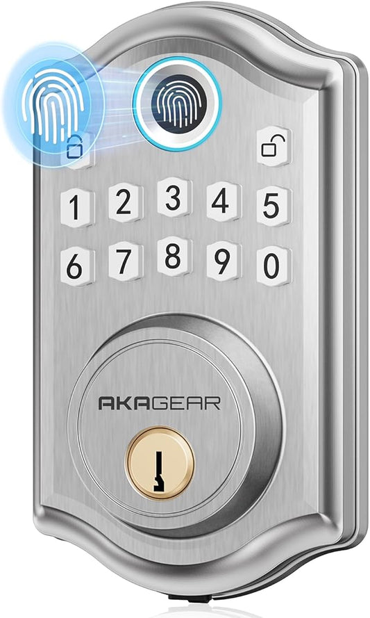 AkaGear Keyless Entry Door Lock with Fingerprint - Door Locks with 2 Keys, Electronic Keypad Deadbolt, Smart Door Locks, Smart Locks for Front Door, Auto-Lock & One Touch Locking - Satin Nickel