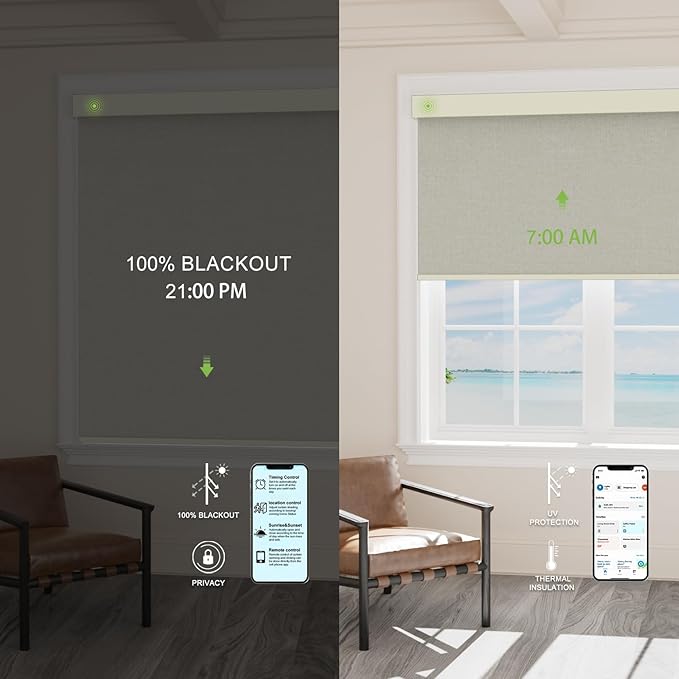 Motorized Blinds with Remote，100% Blackout Smart Blinds Motorized Roller Shades Compatible with Alexa Automatic Blinds for Windows Electric Window Blinds Customized Size Frost White Mist