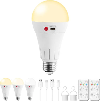 Vitnucrol 1 Pack Rechargeable Light Bulbs with Remote, E26 Wireless Battery Operated Light Bulb for Lamps, 2600mAh Dimmable Timer A21 Standard Emergency LED Light Bulbs for Power Outages, 7W, 300LM