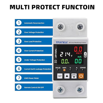 TUYA WiFi Smart Energy Meter AC 63A 85-300V WiFi Smart Earth Leakage Over Under Voltage Protector Electricity Energy Monitor APP Remote Control Smart Life 230V 110V Compatible with Alexa Google Home