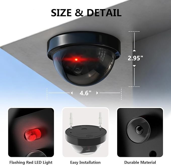 WALI Dummy Fake Security CCTV Dome Camera with Flashing Red LED Light with Security Alert Sticker Decals (SD-4), 4 Packs, Black