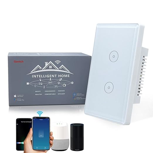 Wireless 2.4GHz Tuya WiFi Smart Light Touch Wall Switch Compatible with Alexa and Google Home for Lamp, Neutral Wire Required, No Gateway Required.Us Standard Electrical(2 Gang White)