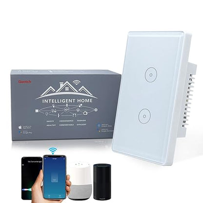 Wireless 2.4GHz Tuya WiFi Smart Light Touch Wall Switch Compatible with Alexa and Google Home for Lamp, Neutral Wire Required, No Gateway Required.Us Standard Electrical(2 Gang White)