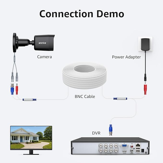 ANNKE 30M/100ft BNC Cable, Video Power Extension Surveillance Camera Cables for CCTV Security DVR System Installation, Free 8X BNC Connectors and 100pcs Cable Clips Included, 4 Pack, White