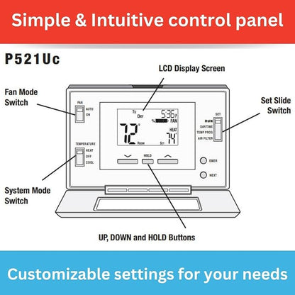 P521U Programmable 5-2 Day Thermostat for Home Use; 2 Heat, 1 Cool