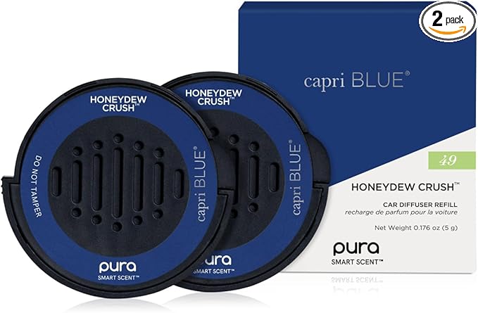 Capri Blue Pura Car Diffuser Refills - Includes 2 Car Air Freshener Pura Scent Diffusers - Long Lasting Air Freshener - Refills Only - Notes of Honeydew, Grapefruit & Apple (Honeydew Crush, 2 Pack)