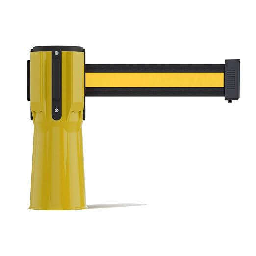 Trafford Industrial 11 Ft. Cone-Mounted Retractable Belt Barrier Yellow Case with Black and Yellow Horizontal Stripe Belt