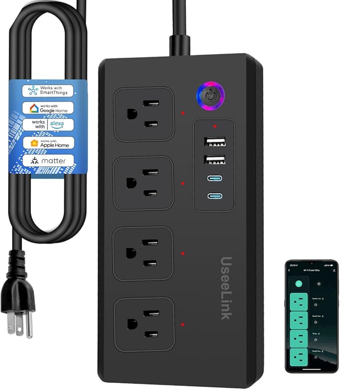 Smart Power Strip, UseeLink WiFi Surge Protector Compatible with Alexa & Google Home, Smart Plug with 4 USB Ports & 4 AC Outlets, Voice and Remote Control & Timer Schedule (Matter Version-Black)