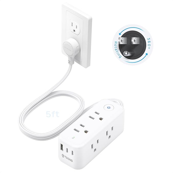 TROND Power Strip with 360 Flat Rotating Plug, Extension Cord Flat Wall Plug with 6 Widely Spaced Outlets, 2 USB C and 1 USB A, 1440J Surge Protector, Extension Cord 5ft for Home Travel Office, White