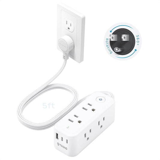TROND Power Strip with 360 Flat Rotating Plug, Extension Cord Flat Wall Plug with 6 Widely Spaced Outlets, 2 USB C and 1 USB A, 1440J Surge Protector, Extension Cord 5ft for Home Travel Office, White
