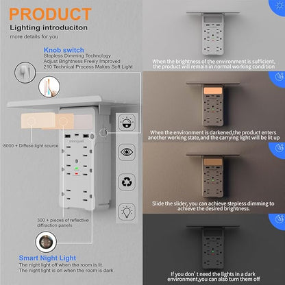 Wall Outlet Extender with Shelf and Night Light, Surge Protector with 3 USB Ports (2A+1C) and 6 AC Outlets, Multi Plug Power Strip Electric Outlet Splitter for Home and Office Use, White