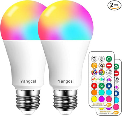 Yangcsl LED Light Bulb 85W Equivalent, RGB Color Changing Light Bulb, 6 Moods - Memory - Sync - Dimmable, A19 E26 Screw Base, Timing Remote Control Included (Pack of 2)