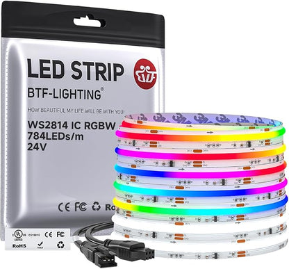 BTF-LIGHTING 24FT WS2814 Smart IC RGBW 6000K DC24V COB LED Strip Light | UL Listed 784LEDs/m High Density Color Chasing Uniform Light 10mm Width for Home Party DIY Lighting(No Adapter or Controller)