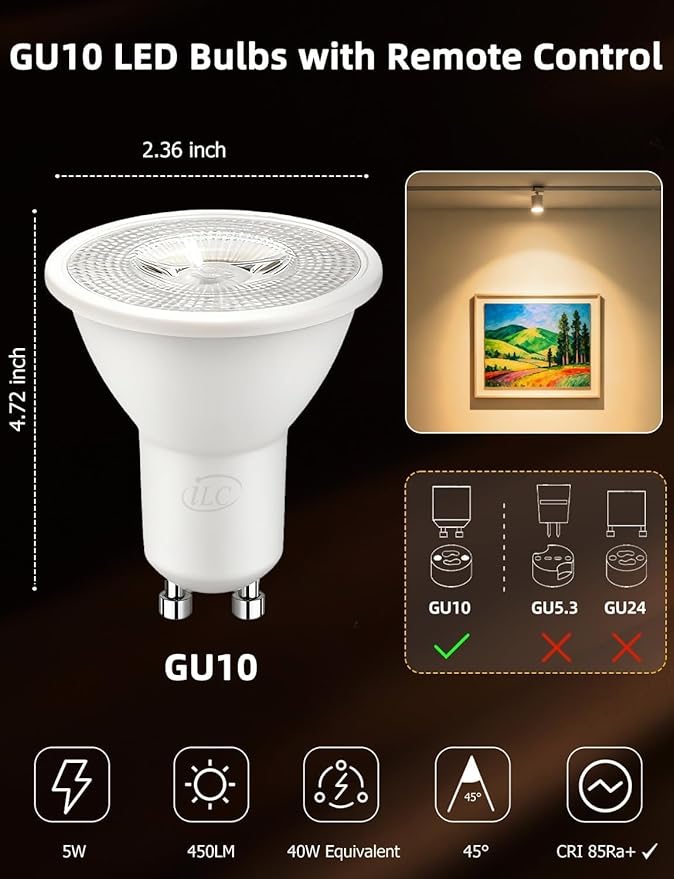 ILC GU10 LED Light Bulb, 40 Watt Equivalent Color Changing 12 Colors 5W Dimmable Warm White 2700K RGB LED Light Bulbs with Remote Control (Pack of 4)