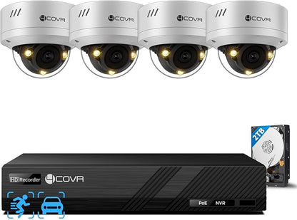 4COVR PoE Security Camera System 5MP, 8CH NVR & 2TB HDD, 4X Dome IP Cameras, Smart Color Night Vision & Two-Way Audio, AI Person/Vehicle Detection, IK10 & IP67 for 24/7 Home & Businesses, LY54FA5M0804