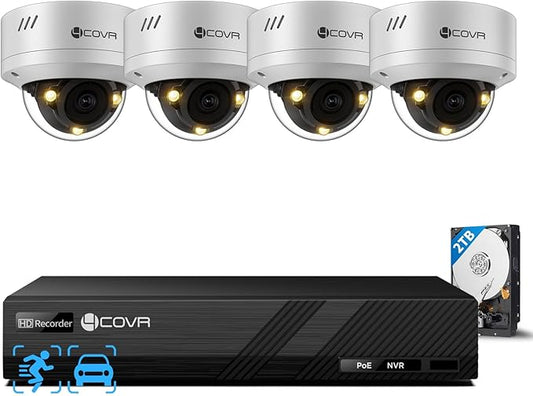 4COVR PoE Security Camera System 5MP, 8CH NVR & 2TB HDD, 4X Dome IP Cameras, Smart Color Night Vision & Two-Way Audio, AI Person/Vehicle Detection, IK10 & IP67 for 24/7 Home & Businesses, LY54FA5M0804