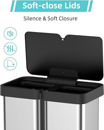30L+30L Dual Compartment Motion Sensor Trash Can, 16Gal Automatic Kitchen Recycling Bin with Soft-Close Lid & Fingerproof Stainless Steel (Silver)