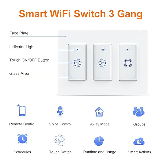 KKCOOL Smart Switch 3 Gang, Smart WIFI Light Switch, Compatible with Alexa Google Home and IFTTT, Voice and Remote Control, No Hub Required, Single-Pole Only