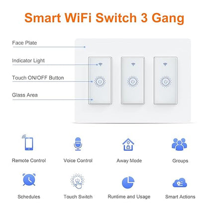 KKCOOL Smart Switch 3 Gang, Smart WIFI Light Switch, Compatible with Alexa Google Home and IFTTT, Voice and Remote Control, No Hub Required, Single-Pole Only